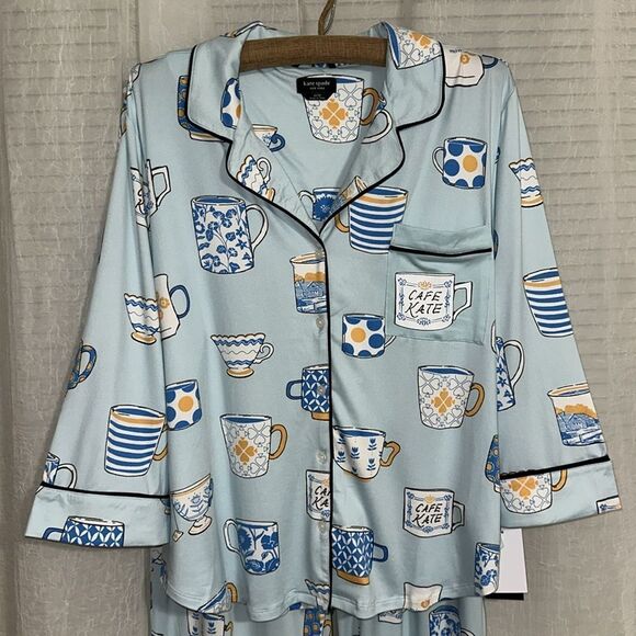 kate spade XLβLight Blue Tea Coffee Print Notch Collar 3/4 Sleeve Pants PJ Set - Picture 12 of 17